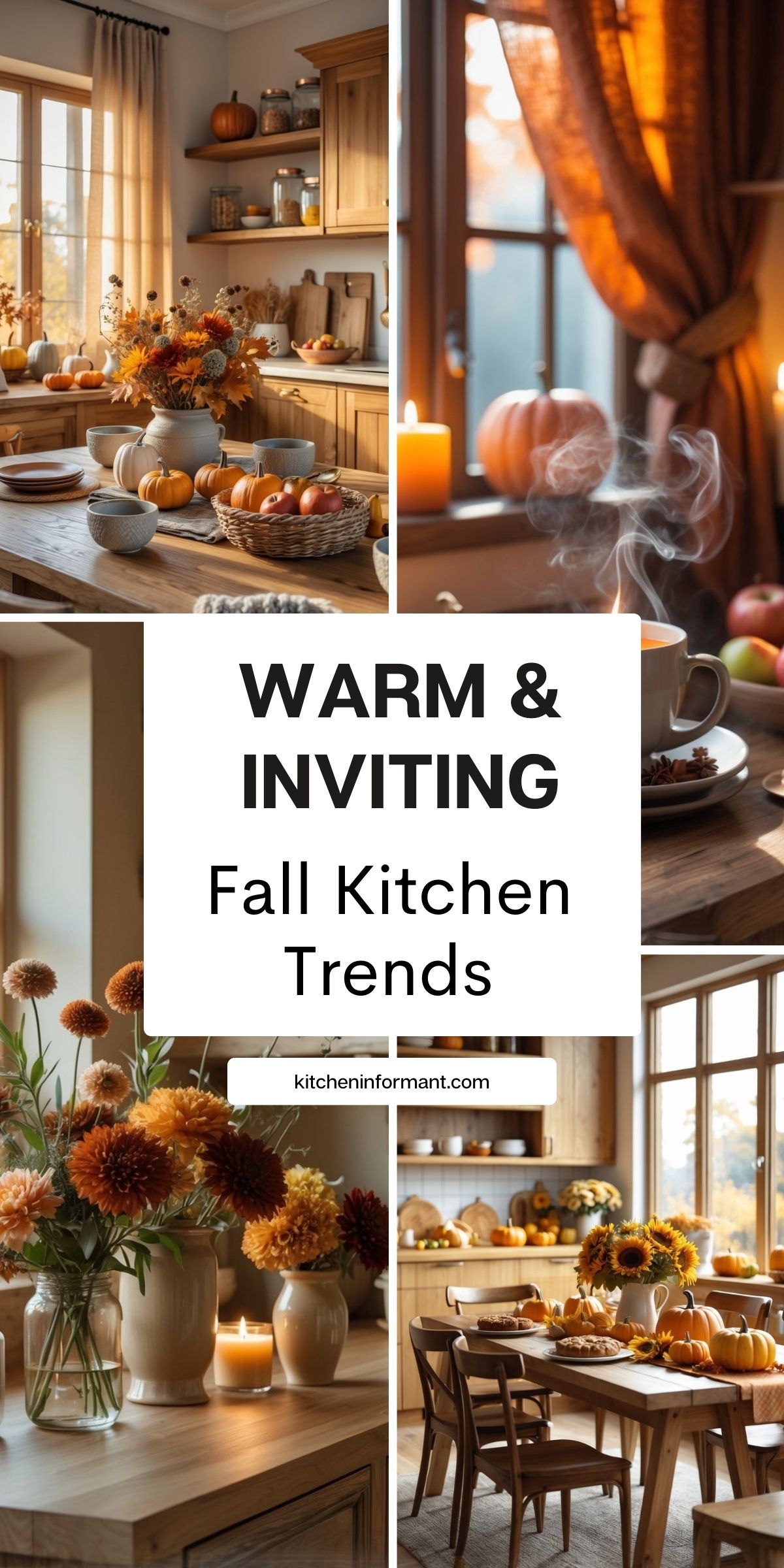 Cozy fall kitchen decorated with pumpkins, candles, and fresh flowers in warm autumn tones. Wooden cabinets and natural light create an inviting backdrop, while dining tables are styled with seasonal centerpieces, pies, and rustic dishware. Text overlay reads “Warm & Inviting Fall Kitchen Trends.”
