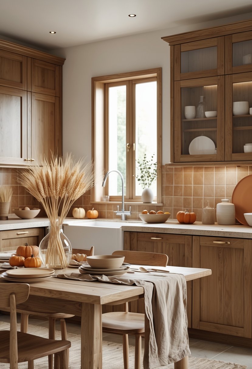 A kitchen with wooden cabinets, stone countertops, a wooden dining table, and autumn-themed decorations including pumpkins and dried wheat.