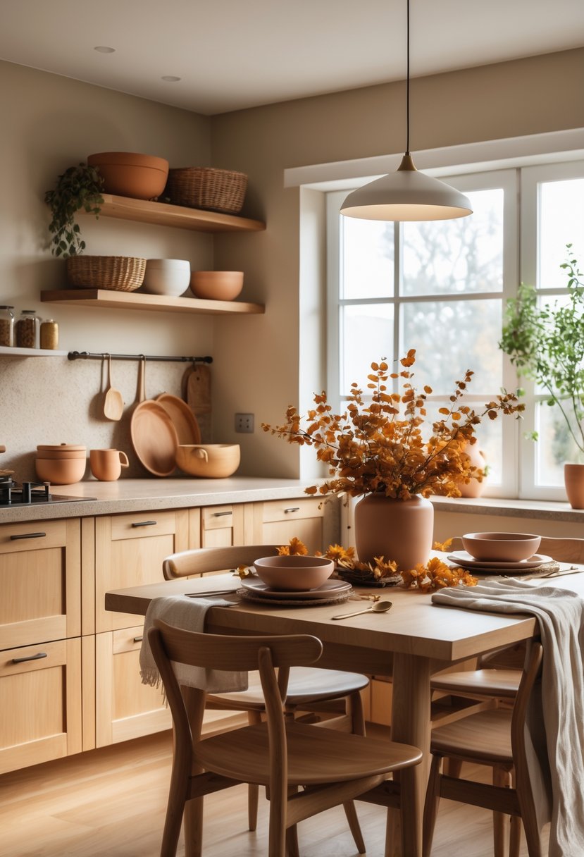 A modern kitchen with wooden cabinets, stone countertops, a wooden dining table, and autumn-themed decorations.