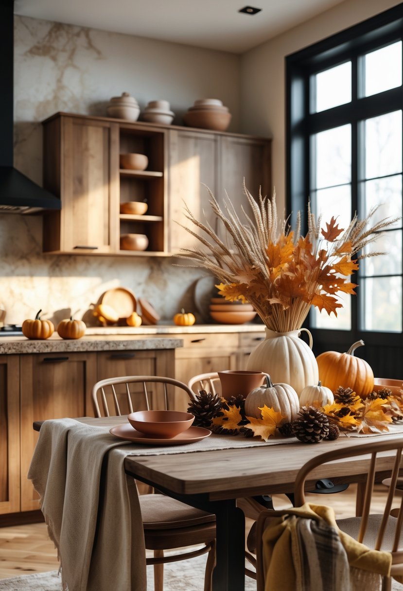 A modern kitchen featuring wooden cabinets, stone countertops, and autumn decorations like pumpkins and dried wheat on a wooden dining table.