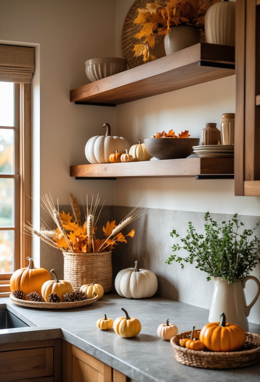 A kitchen countertop and shelves decorated with pumpkins, dried wheat, ceramic bowls, and a basket of autumn leaves, bathed in natural light.