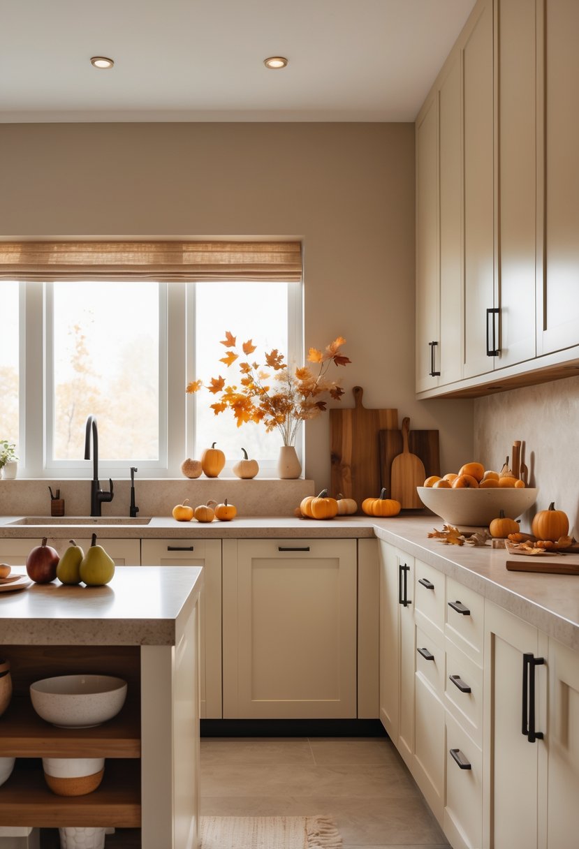 A clean kitchen countertop with warm neutral colors and autumn decorations including pumpkins, apples, and dried leaves.