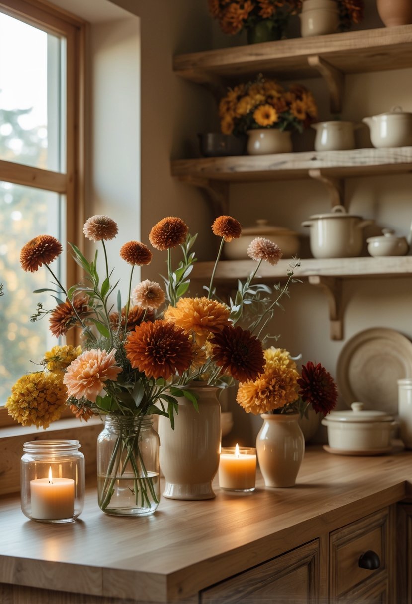 A warm kitchen with wooden countertops decorated with fresh fall flowers and scented candles, bathed in natural light.