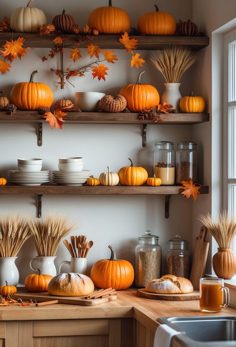 A kitchen with open shelves and countertops decorated with fall-themed items like pumpkins, dried wheat, and spices, bathed in natural light.