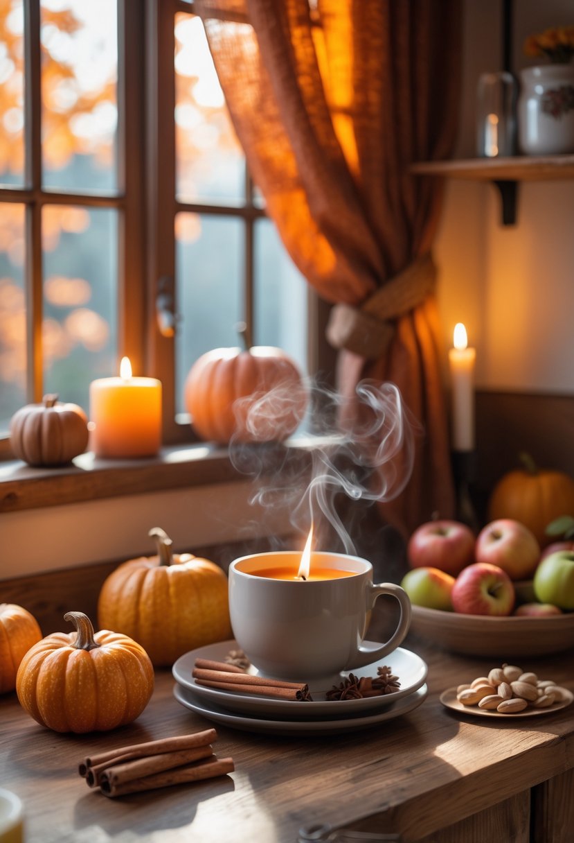 A cozy kitchen countertop decorated with pumpkins, cinnamon sticks, dried orange slices, a lit candle, a steaming mug of tea, and a bowl of apples and nuts, with soft natural light coming through a window.