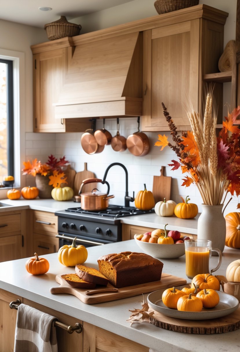 A cozy kitchen decorated with pumpkins, autumn leaves, seasonal fruits, and warm lighting, featuring wooden cabinets and a farmhouse sink.
