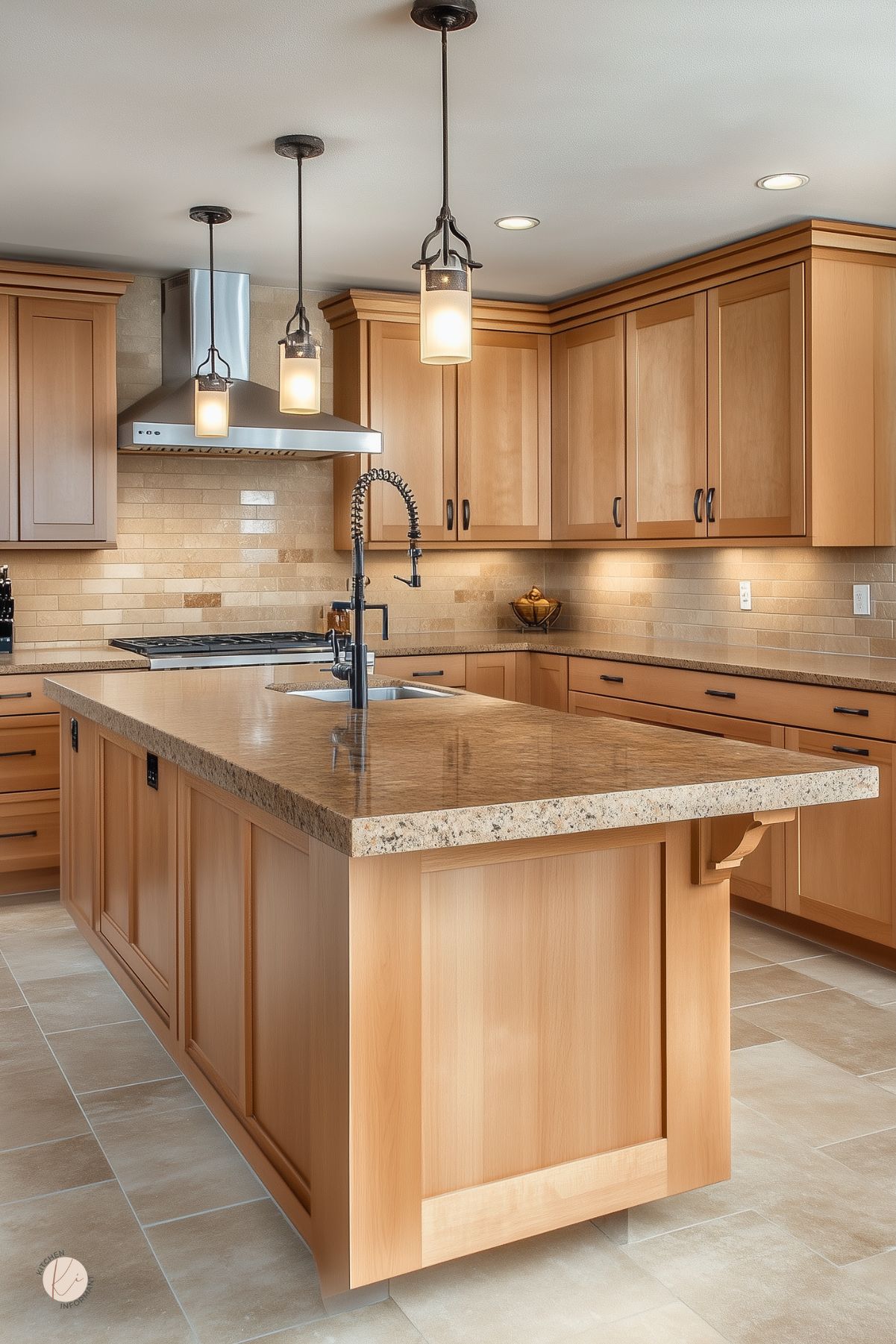 Warm kitchen with light wood cabinetry, granite countertops, and a large center island with an undermount sink and black gooseneck faucet. Beige subway tile backsplash complements the natural tones, while pendant lights with frosted glass shades provide soft illumination. A stainless steel range hood adds a modern touch.