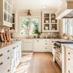 Bright traditional kitchen with white shaker cabinets, brass hardware, and light wood flooring. A farmhouse sink sits beneath a large window, flanked by glass-front cabinets displaying dishware. The stainless steel range is topped with a custom hood, while cutting boards and greenery add warmth and charm to the timeless space.