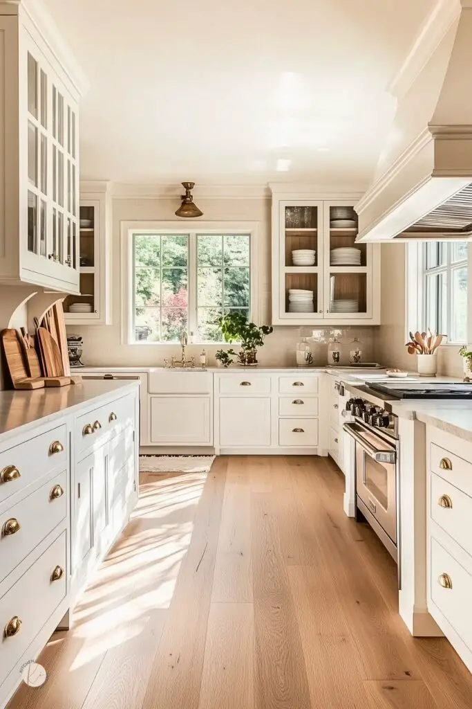 Bright traditional kitchen with white shaker cabinets, brass hardware, and light wood flooring. A farmhouse sink sits beneath a large window, flanked by glass-front cabinets displaying dishware. The stainless steel range is topped with a custom hood, while cutting boards and greenery add warmth and charm to the timeless space.