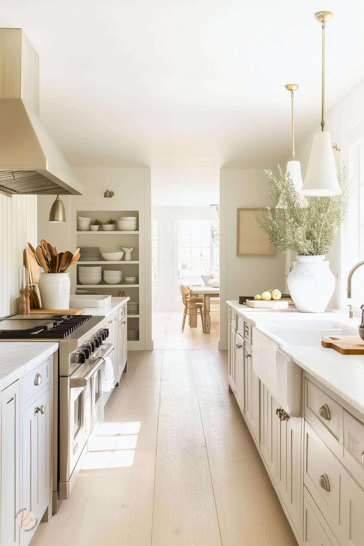 Airy galley kitchen with light gray shaker cabinets, wide-plank wood floors, and a farmhouse sink. Marble countertops line both sides, paired with a stainless steel range and vent hood. Open shelving holds neatly stacked dishes, while large pendant lights and a tall vase of greenery add charm. A dining room with natural light is visible beyond.