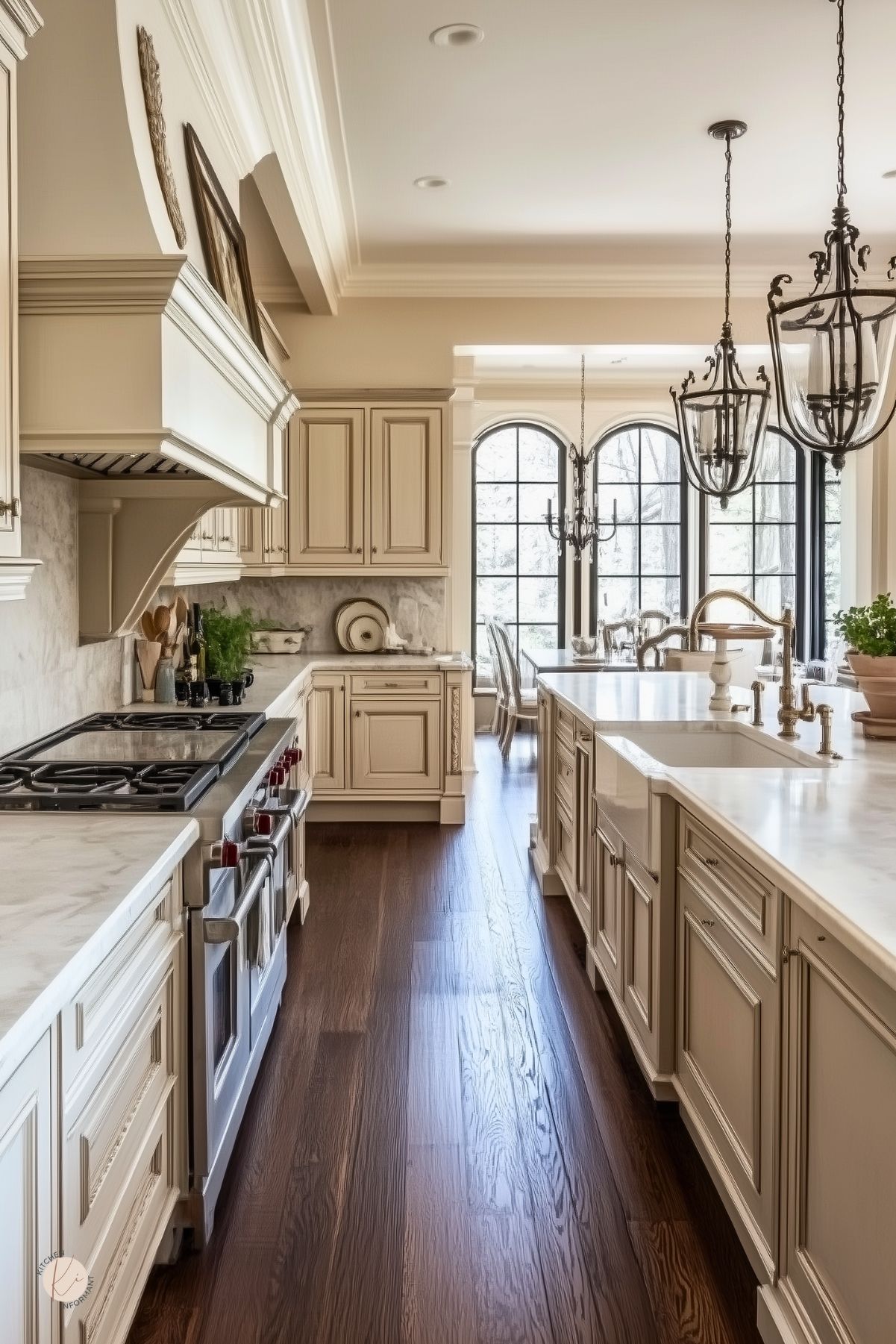 Elegant kitchen with cream cabinetry, marble countertops, and a matching marble backsplash. A large island with a farmhouse sink sits under ornate pendant chandeliers. Stainless steel range and hood blend with classic detailing, while dark hardwood floors and arched black-framed windows create a timeless, luxurious feel.