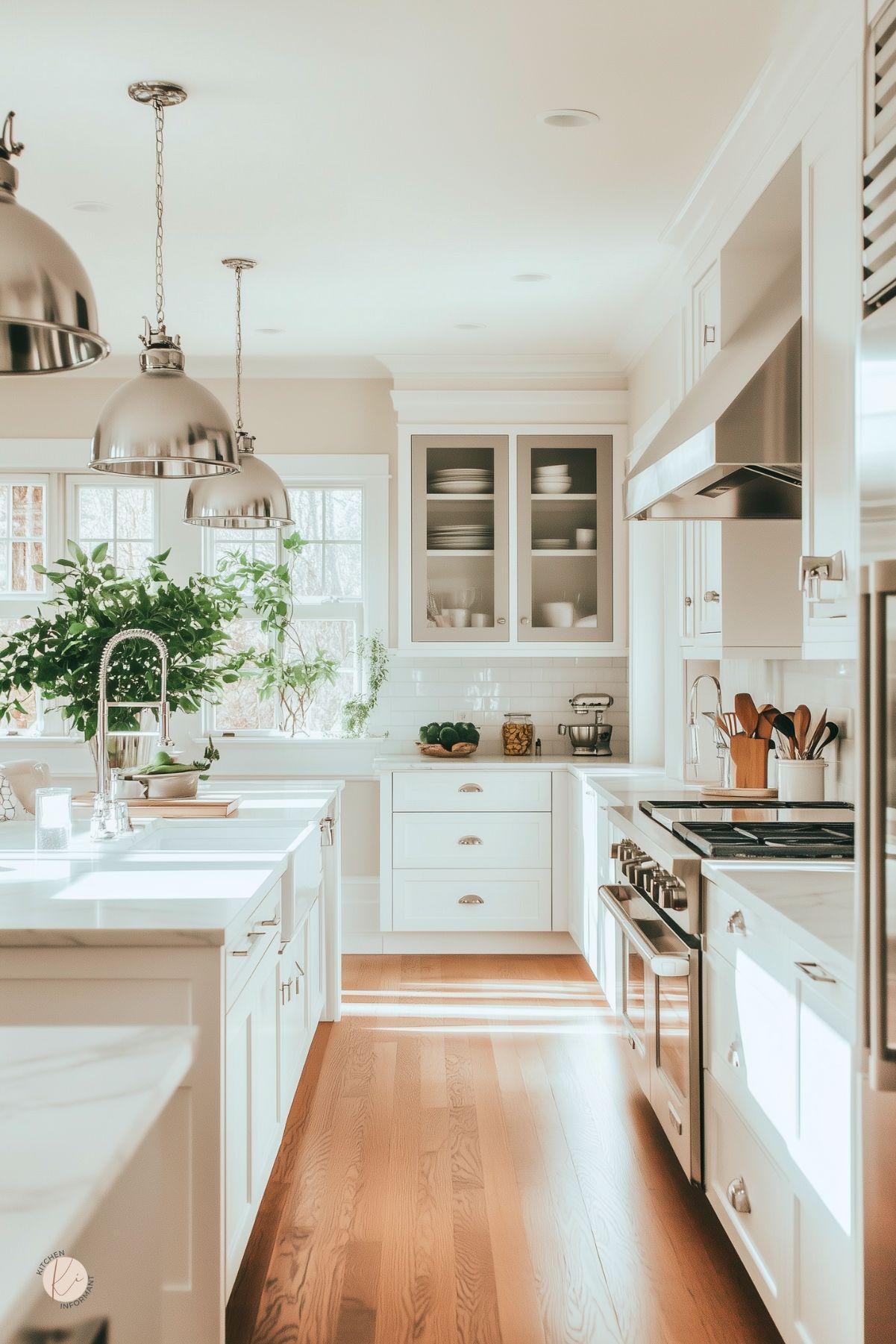Bright white kitchen with shaker cabinets, marble countertops, and stainless steel appliances. Large pendant lights hang above the island, while natural light pours through windows framed by greenery. Glass-front cabinets display neatly arranged dishes, and warm wood flooring balances the sleek, modern design with a timeless touch.