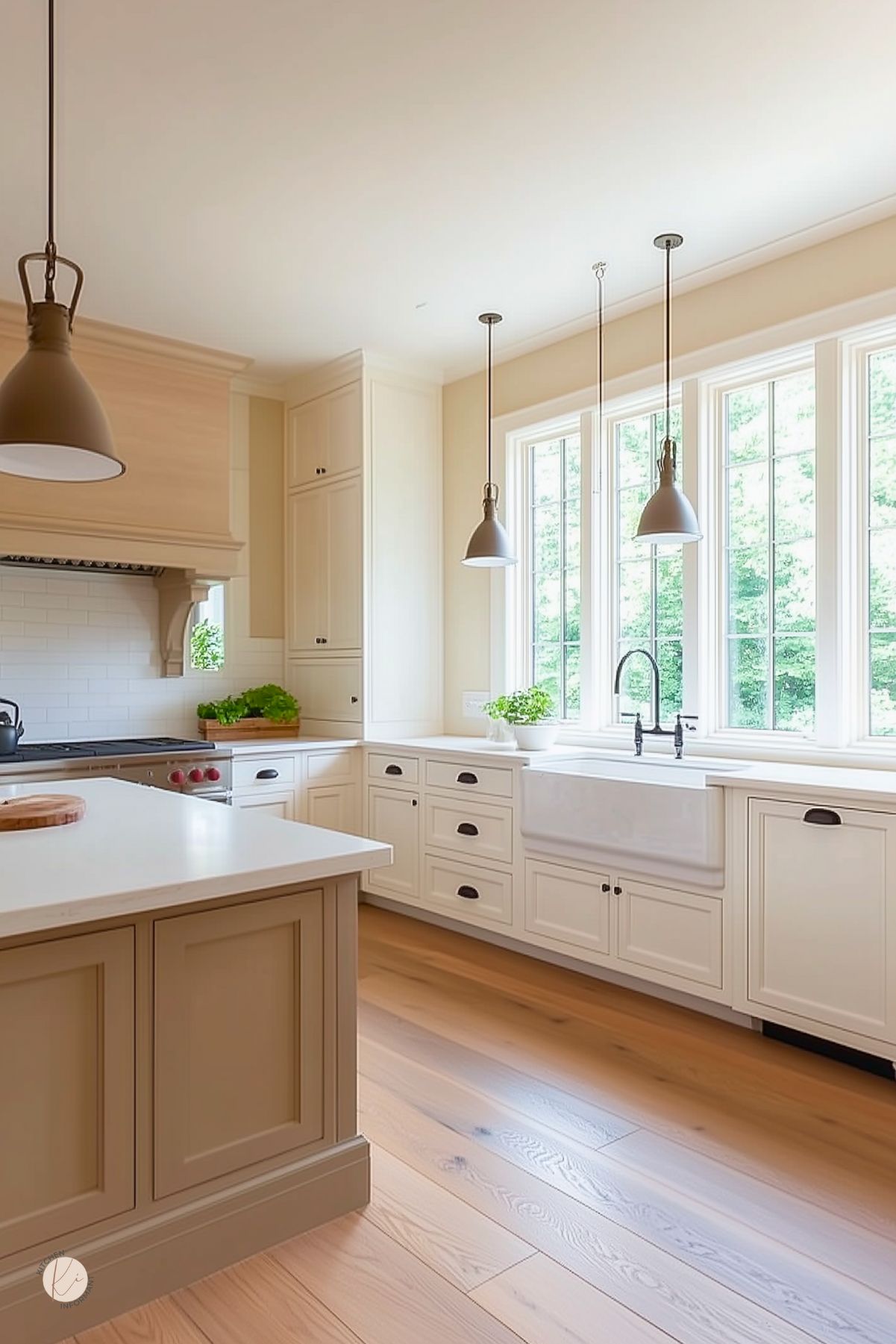Warm kitchen with cream cabinetry, a farmhouse sink, and large windows that fill the space with natural light. A central island with paneled detailing and quartz countertops complements the wood flooring. Pendant lights hang above the sink and island, while a light wood range hood and white subway tile backsplash complete the timeless design.
