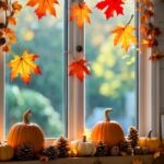 A kitchen window with Fall decorations.
