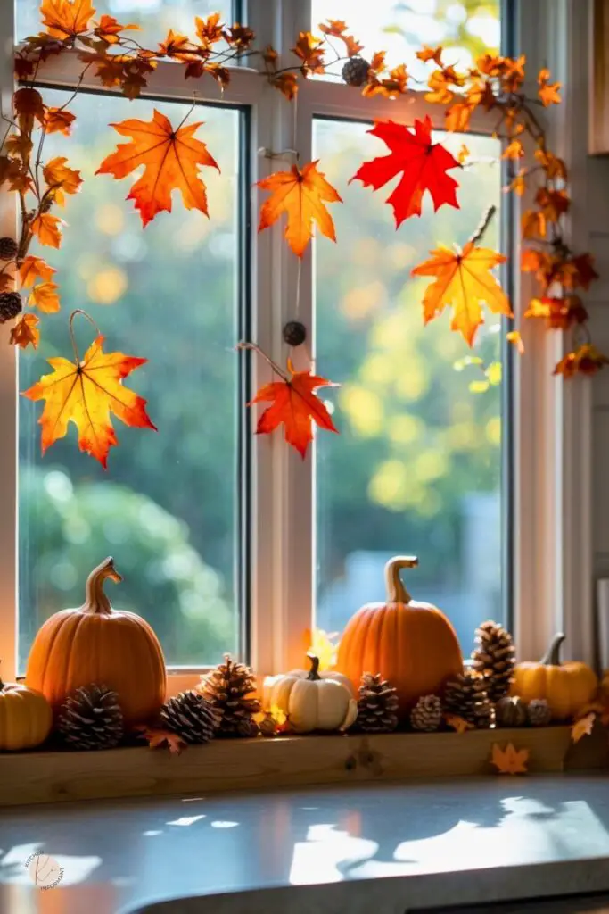 A kitchen window with Fall decorations.