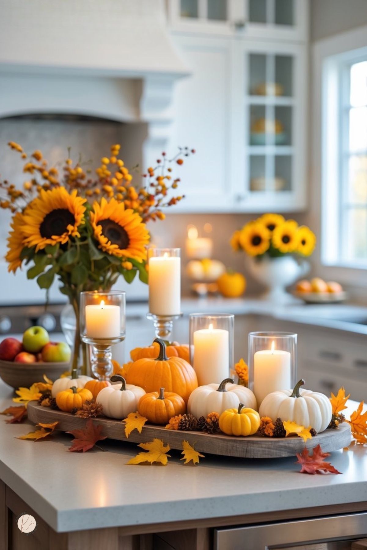 A kitchen island decorated with pumpkins, fall leaves, candles, seasonal flowers, and a bowl of apples in a bright kitchen.