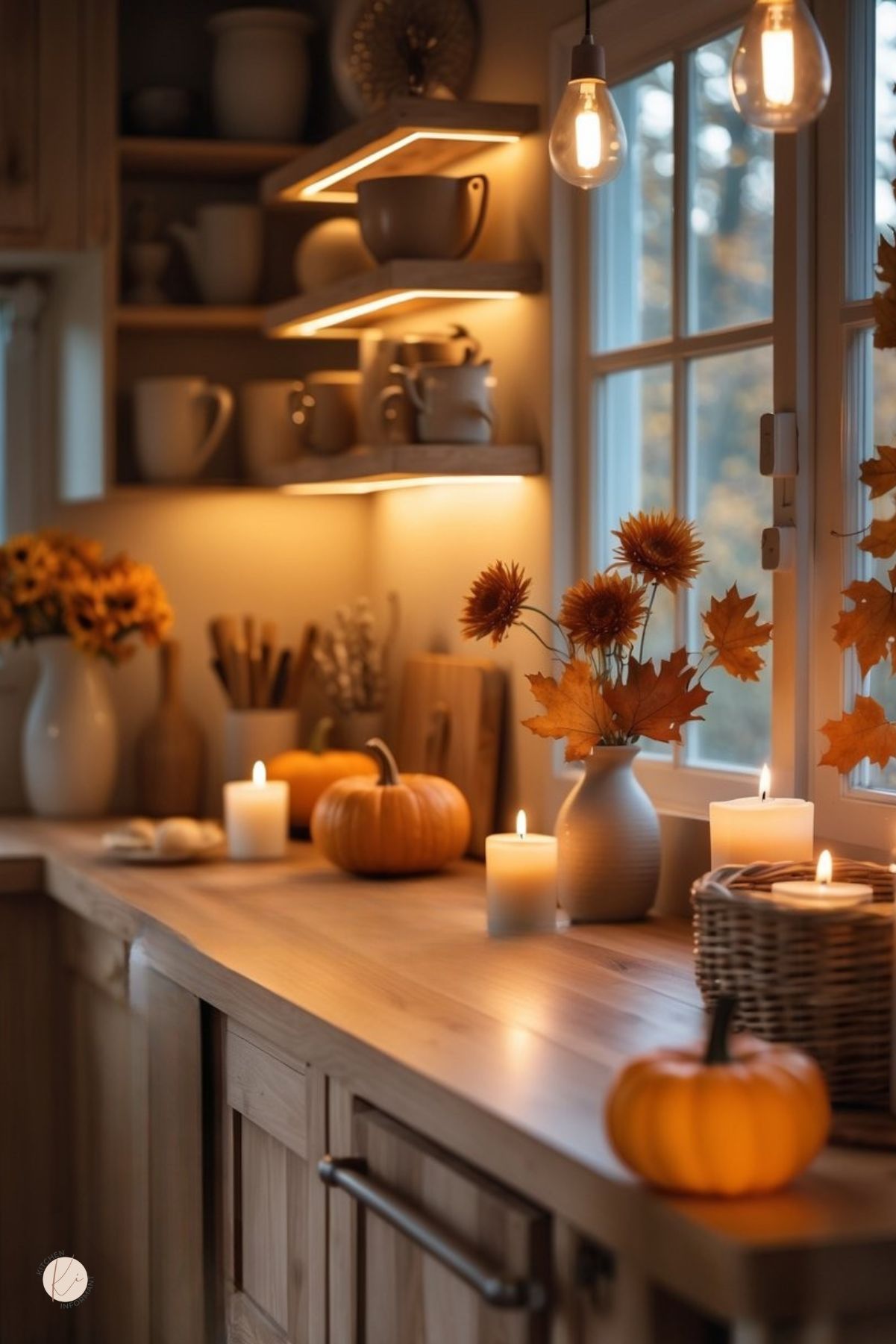 A warm kitchen decorated with pumpkins, fall flowers, candles, and soft lighting creating a cozy autumn atmosphere.