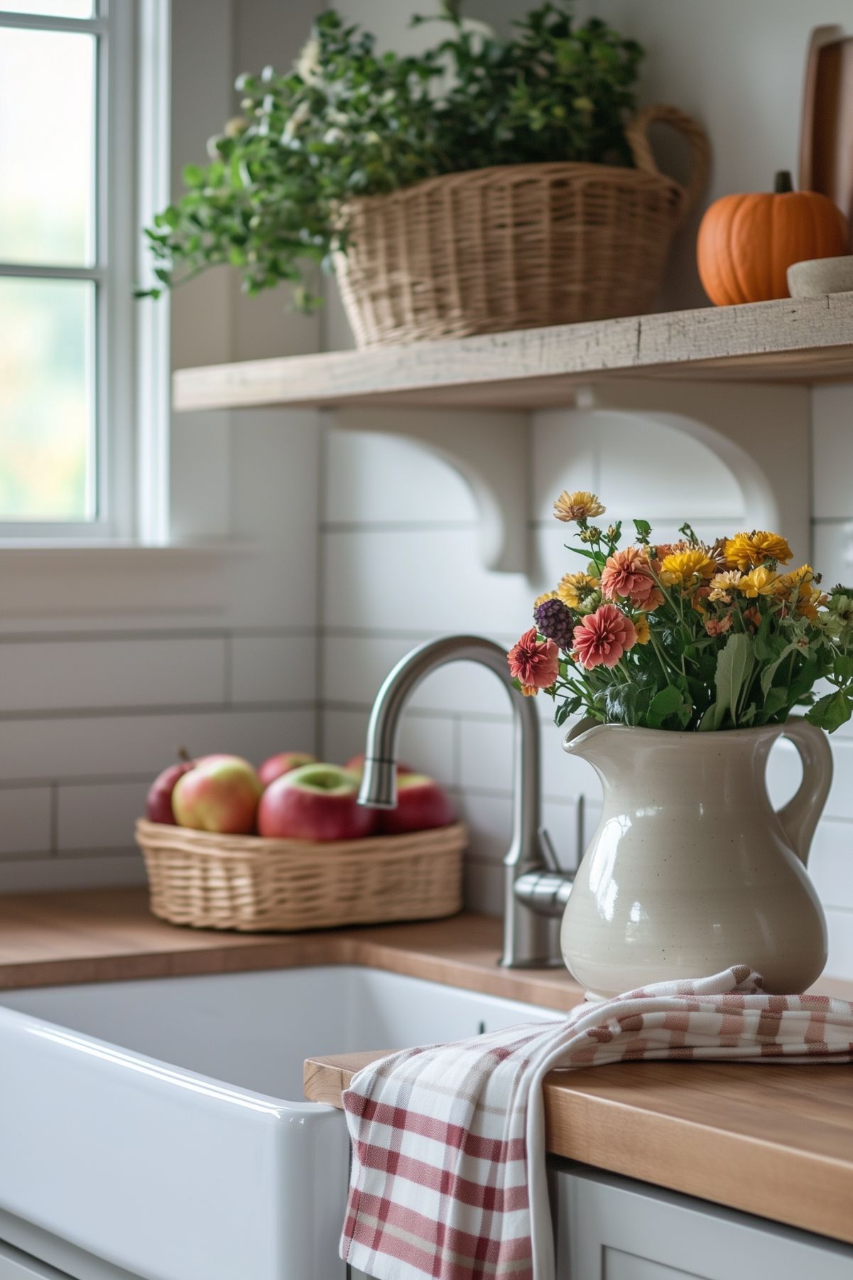 Cozy fall kitchen decor: farmhouse sink with wood countertops, white subway tile, and a plaid dish towel. A cream ceramic pitcher holds autumn flowers beside a wicker basket of red apples. On the open wood shelf above, a woven basket with greenery and a small orange pumpkin adds seasonal charm. Bright natural light from the window.