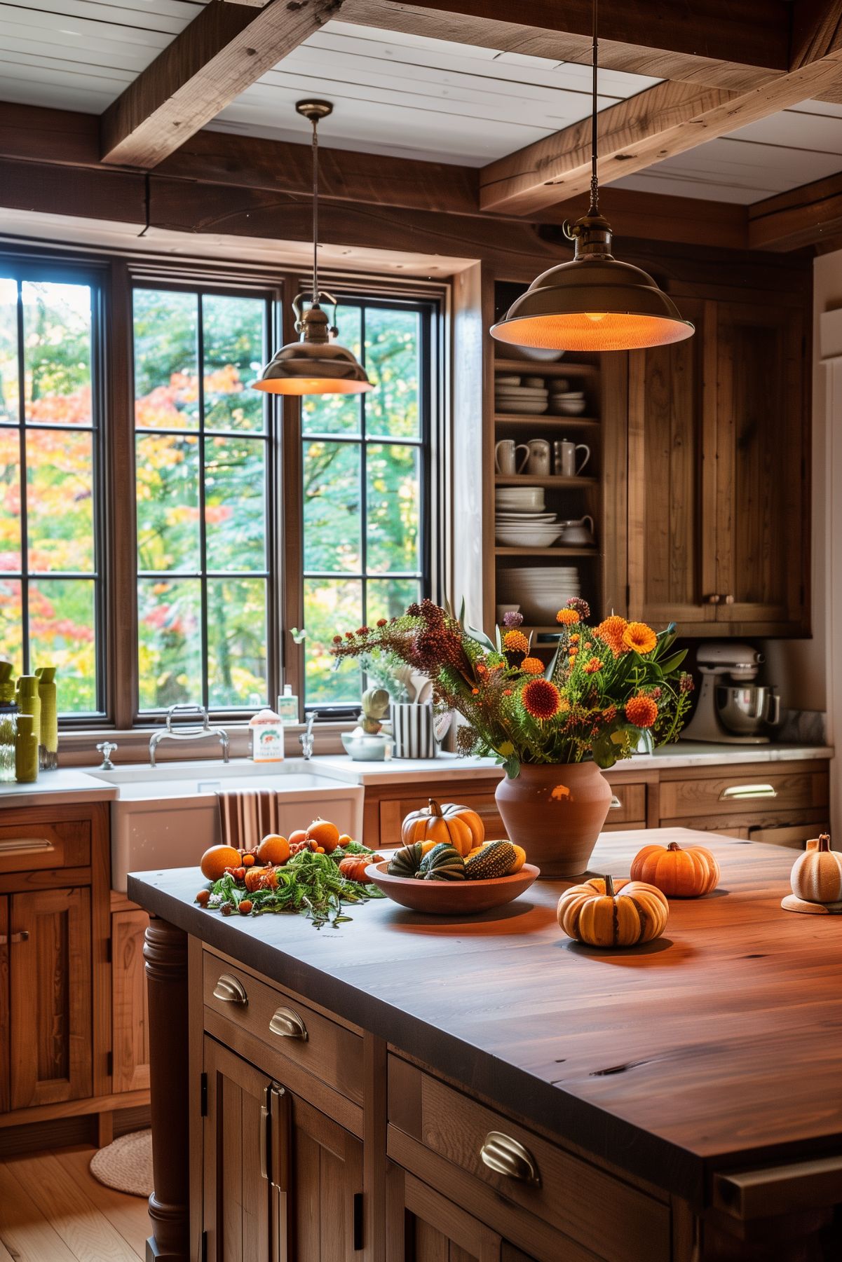 Cozy rustic kitchen with warm wood cabinets and a butcher-block island styled for fall. Small pumpkins and gourds surround an autumn flower centerpiece. Farmhouse sink beneath black-grid windows, brass pendant lights, open shelves, and a stand mixer in back. Fall kitchen decor, farmhouse kitchen, autumn centerpiece.