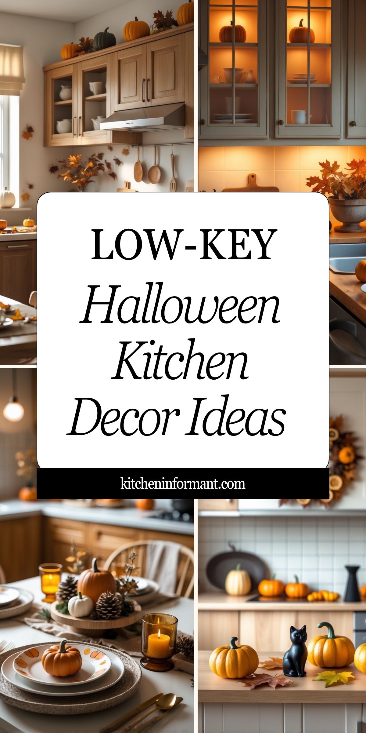 Collage of minimalist Halloween kitchen decor: warm wood cabinets, pumpkins on shelves and in glass-front cabinets, autumn leaves, candlelit place settings with mini pumpkins, a tiered tray, and a black cat figurine. Center text: “LOW-KEY Halloween Kitchen Decor Ideas.” URL: kitcheninformant.com. Keywords: Halloween kitchen decor, cozy fall kitchen.