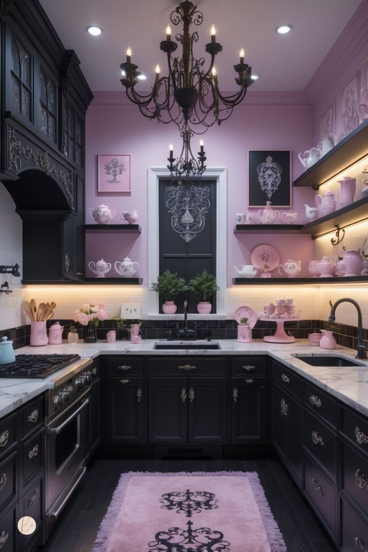 Whimsigoth kitchen with matte black cabinets and marble countertops, blush pink walls, and a wrought-iron chandelier. Open shelves display pink teapots and cake stands with warm lighting. Black sink and faucet, ornate hardware, framed gothic art, and a soft pink rug with crown motif complete the pink and black kitchen decor.