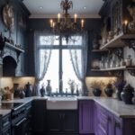 A dark, stylish kitchen with black cabinets, vintage lighting, and decorative jars on the countertop.