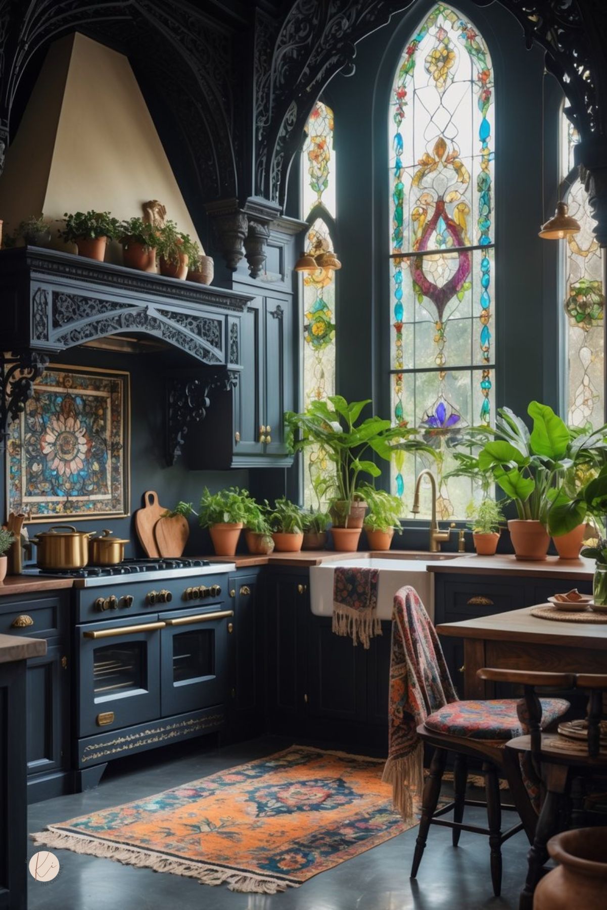 A kitchen interior featuring dark wooden cabinets, wrought iron fixtures, colorful ceramics, green plants, and soft natural light coming through stained glass windows.