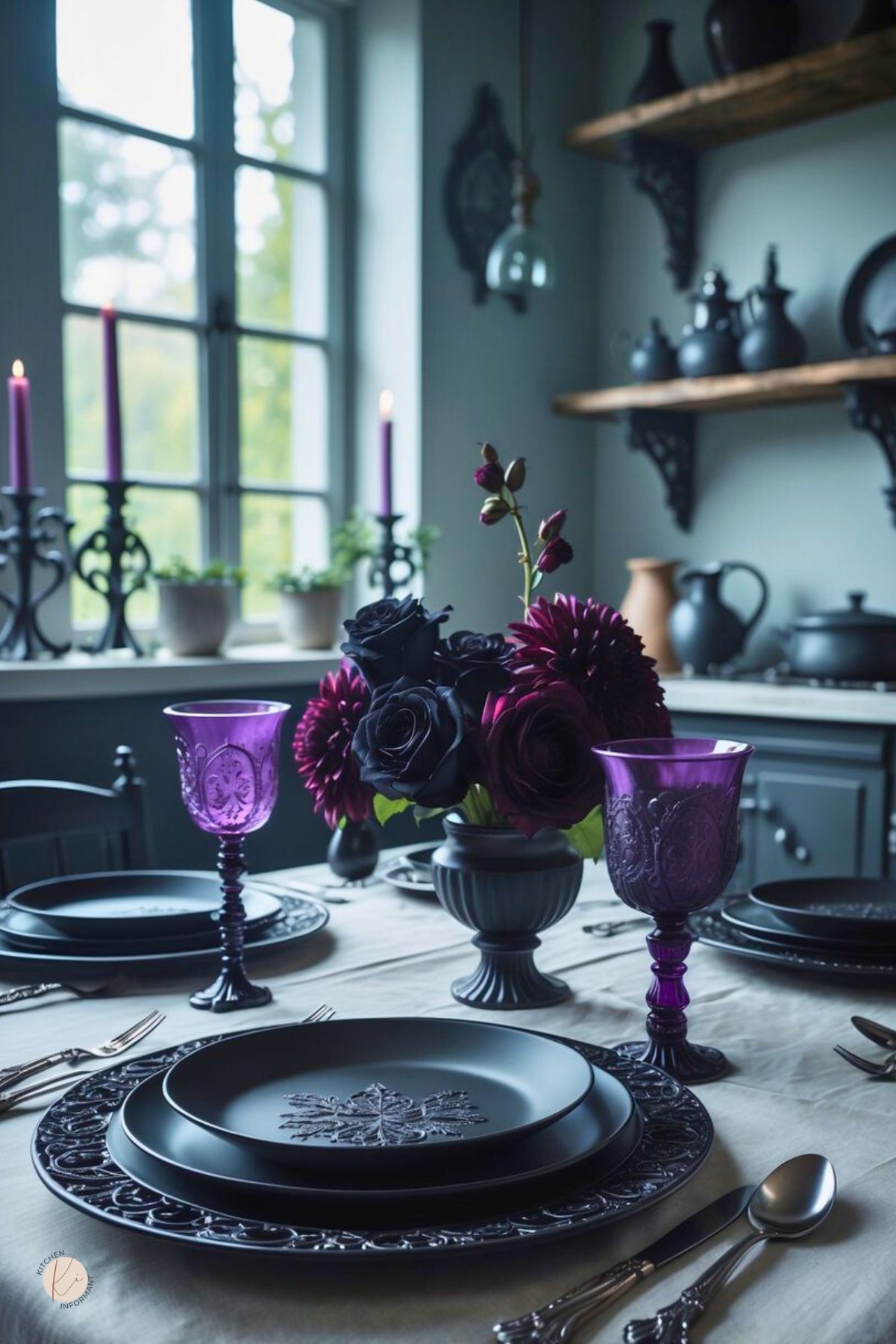 A beautifully arranged kitchen table with dark ceramic plates, purple glass goblets, silver cutlery, and dark floral centerpieces in a softly lit kitchen.