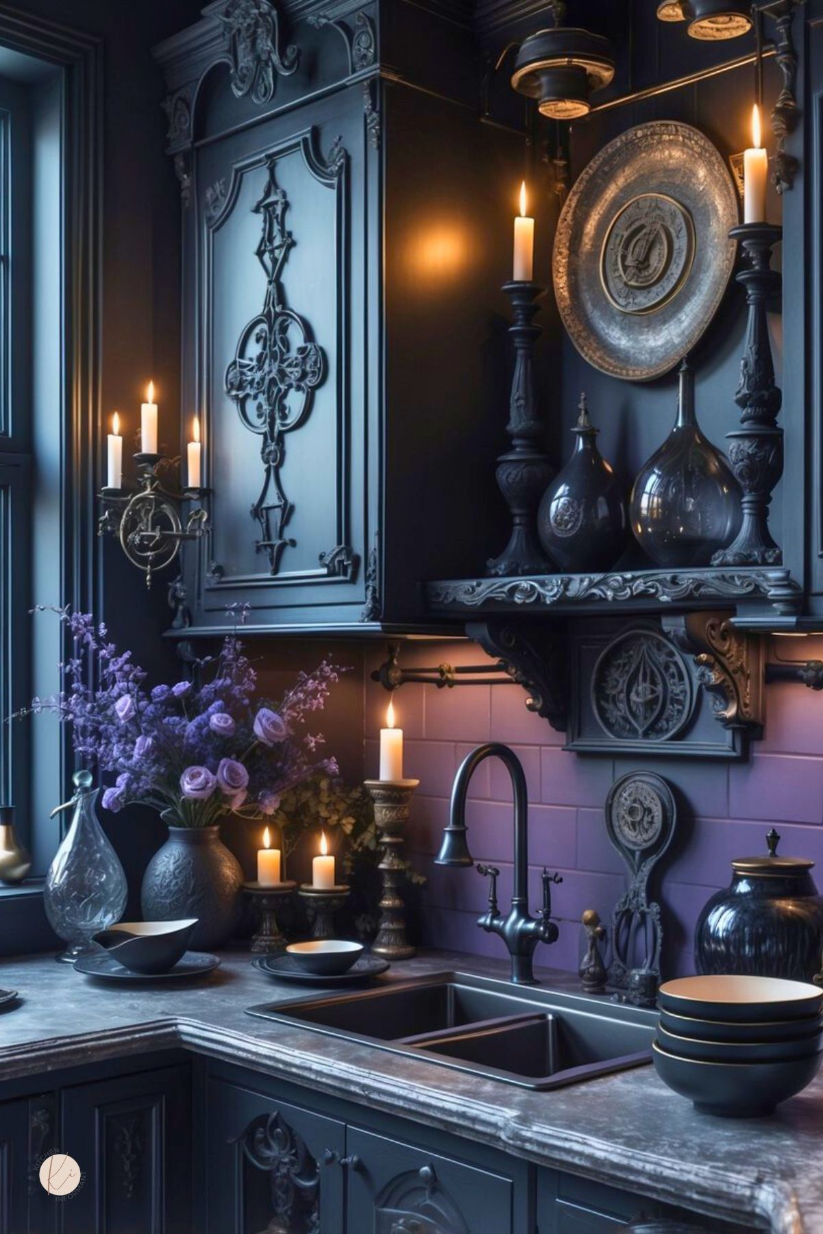 A dark-themed kitchen with ornate black cabinets, warm lighting, decorative candles, and various ceramic and floral accents arranged on the countertop.