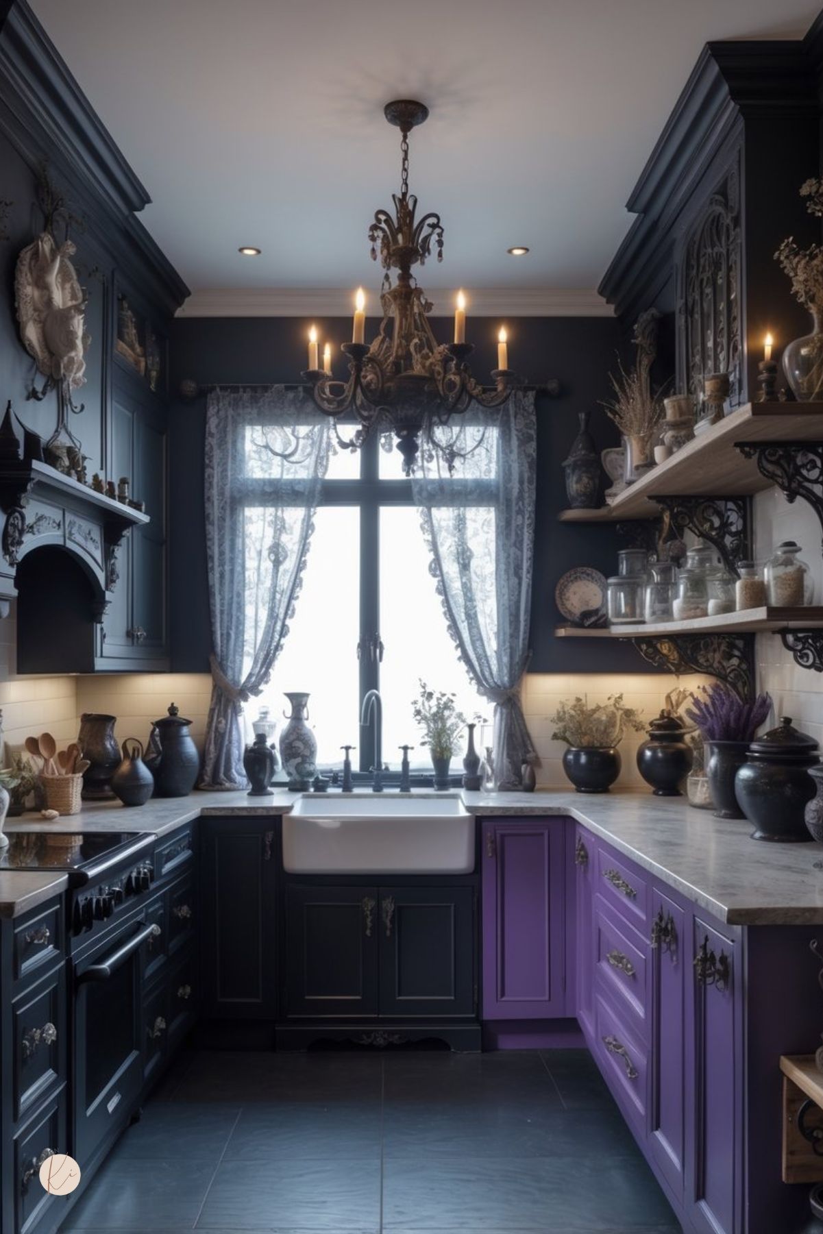 A dark, stylish kitchen with black cabinets, vintage lighting, and decorative jars on the countertop.