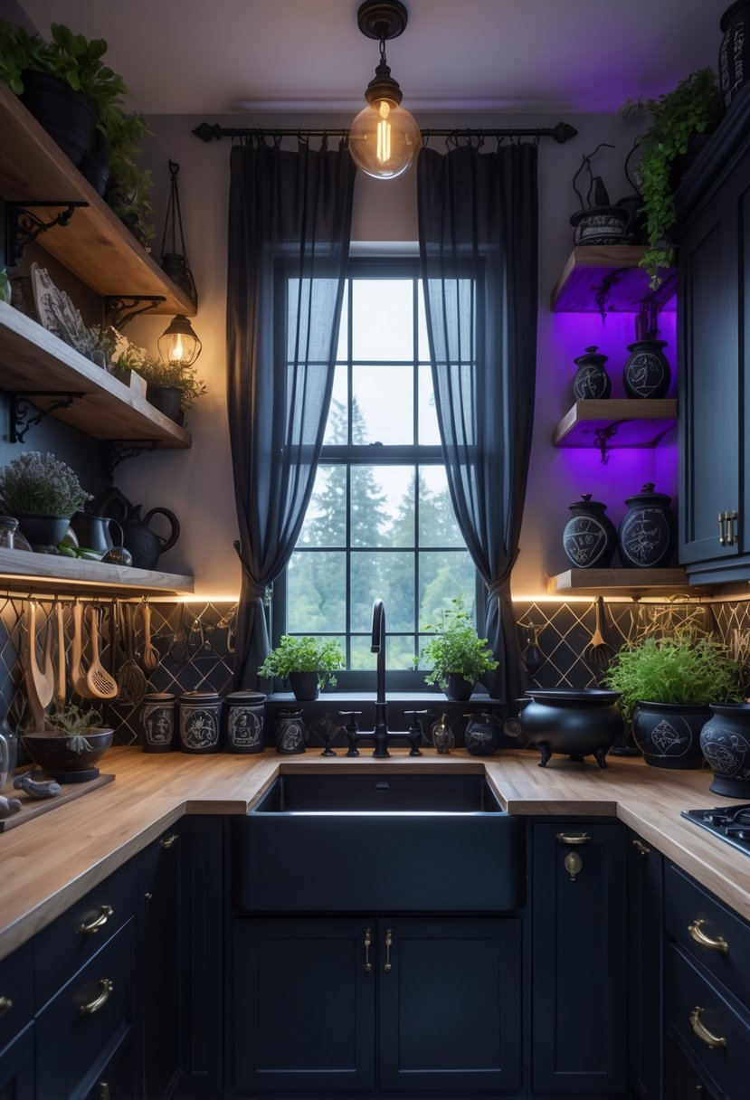 Whimsigoth kitchen with matte black cabinets, butcher-block countertops, and a black farmhouse sink under a curtained window. Open wood shelves hold black apothecary jars and herbs; diamond black tile backsplash and brass hardware add detail. Warm under-cabinet glow and purple accent lighting create a moody, witchy kitchen vibe.