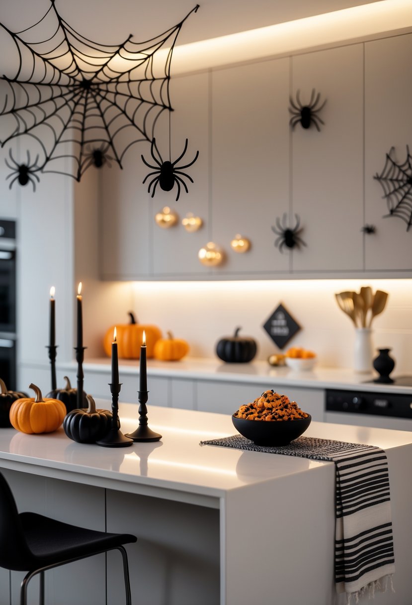 A modern kitchen decorated with black and orange pumpkins, candles, spider webs, and seasonal gourds arranged on the countertop and island.