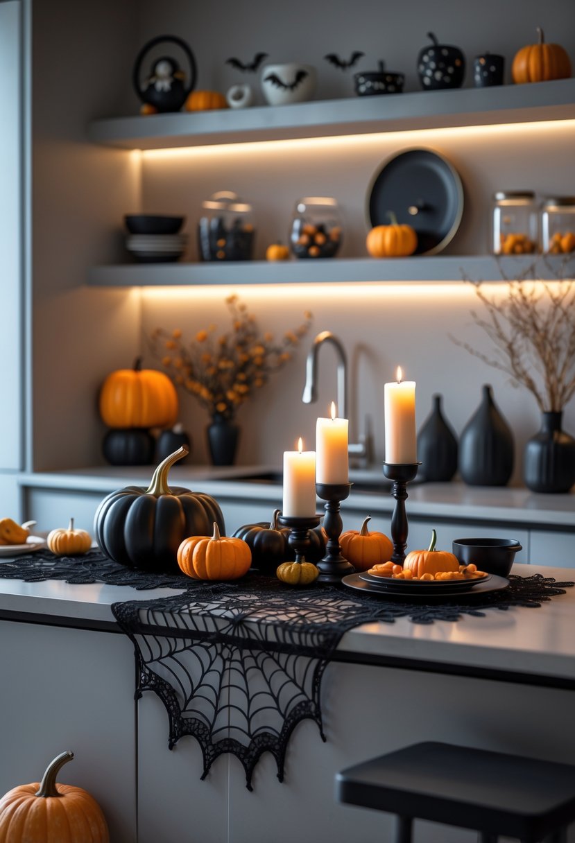 A modern kitchen countertop decorated with black and orange pumpkins, candle holders, spiderweb accents, and autumnal fruits, creating a cozy Halloween scene.