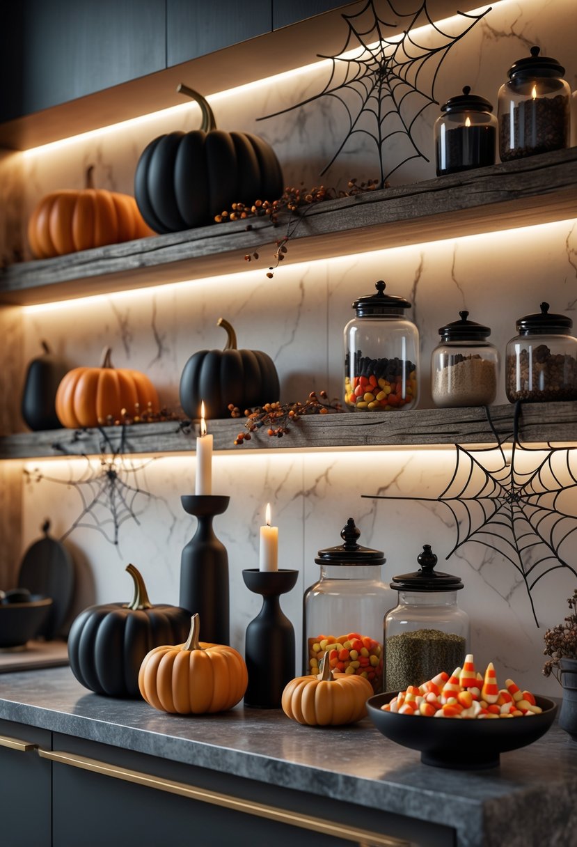 A modern kitchen countertop decorated with black and orange pumpkins, candles, spider web accents, and jars of spices, creating a cozy Halloween scene.