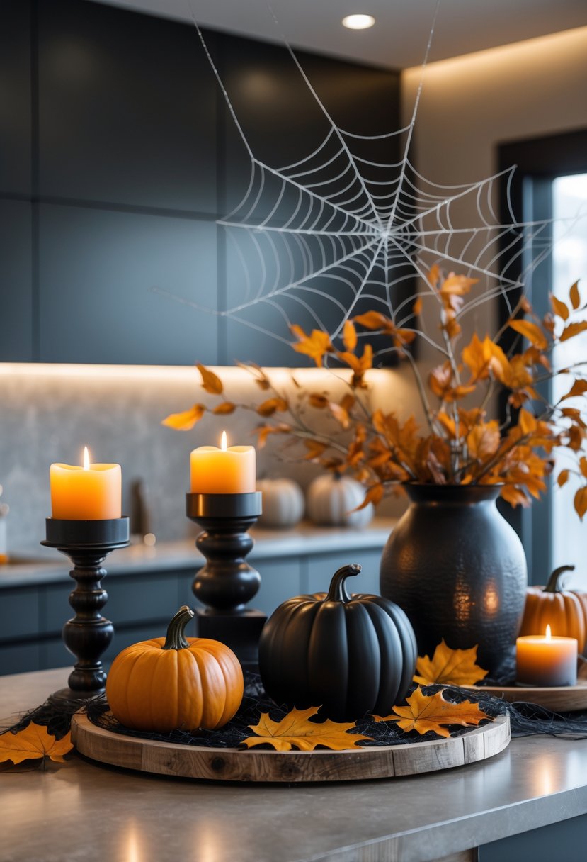 A modern kitchen island decorated with elegant black pumpkins, candles, dried leaves, and spider web accents arranged as Halloween centerpieces.