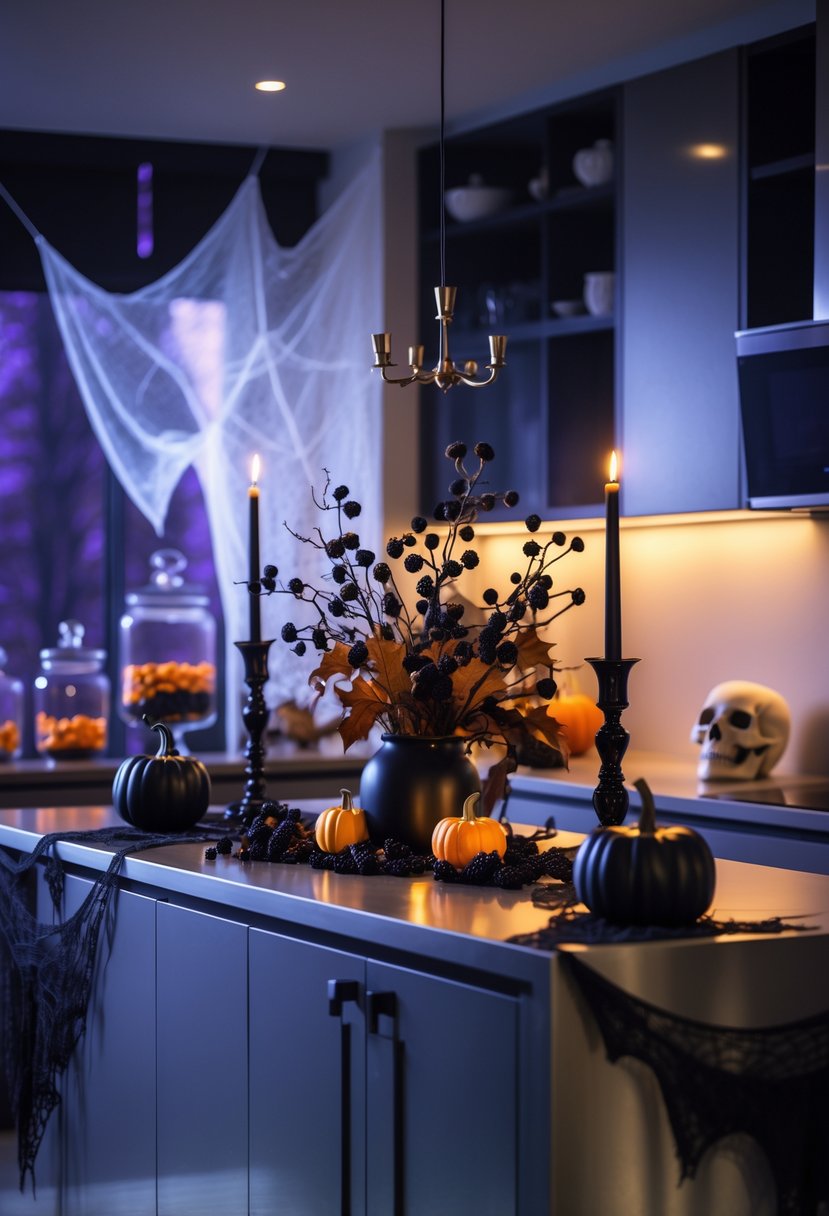 A modern kitchen decorated with Halloween-themed items including black pumpkins, candles, cobwebs, and autumn leaves under dim warm lighting.