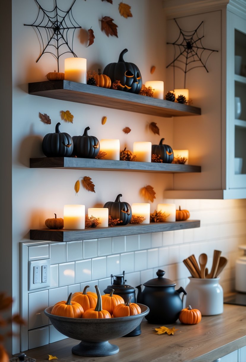 A kitchen corner with wooden shelves displaying Halloween decorations like black pumpkins, candles, dried leaves, and spider webs, with a countertop holding small pumpkins and kitchen items.