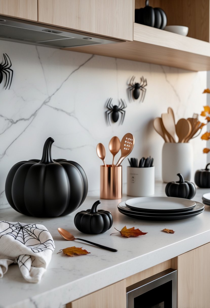 A modern kitchen countertop with black ceramic pumpkin containers, copper utensils, white and black dishware, a black cat figurine, and autumn leaves arranged for Halloween.