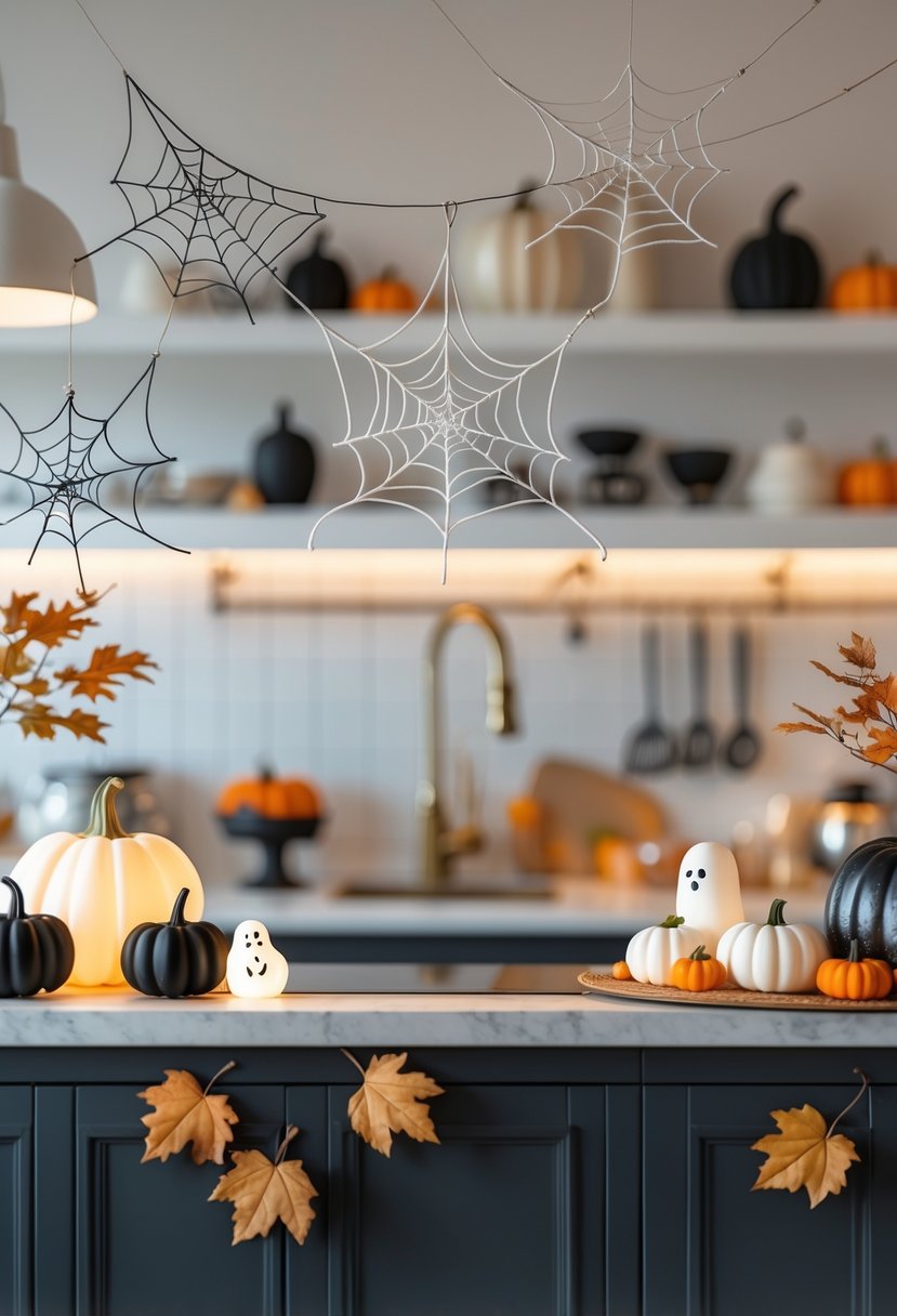 A modern kitchen decorated with elegant Halloween-themed pumpkins, spider webs, and handcrafted seasonal ornaments on the countertop and shelves.