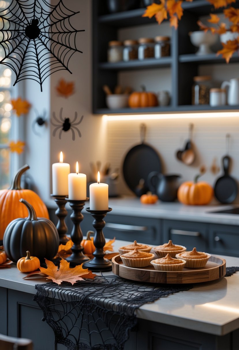 A kitchen decorated with Halloween pumpkins, spiderweb accents, candles, autumn leaves, and seasonal treats on the counter.