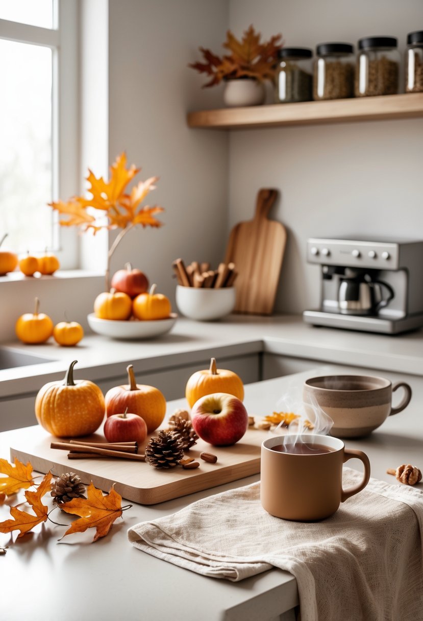 A modern kitchen countertop decorated with small pumpkins, apples, cinnamon sticks, and autumn leaves, with natural light coming through a window.
