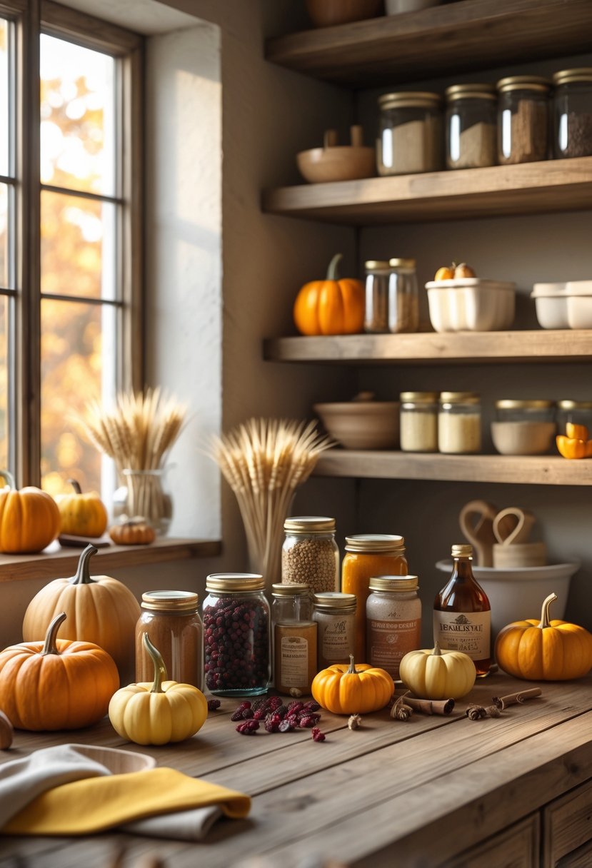 A kitchen countertop with autumn pantry staples including jars of spices, canned pumpkin, maple syrup, fresh pumpkins, apples, and squash arranged with warm natural light.
