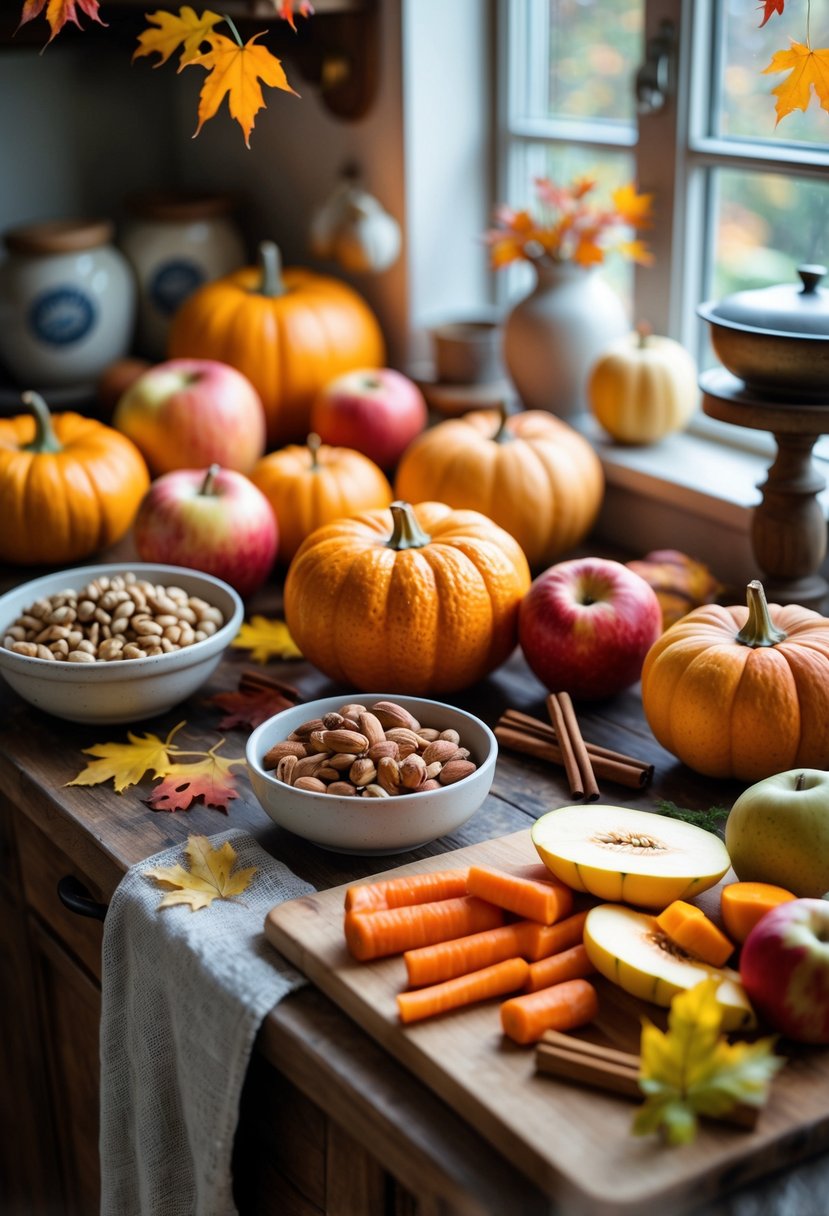 A kitchen countertop with autumn produce including pumpkins, apples, pears, cinnamon sticks, and fall leaves arranged with kitchen utensils and natural light.