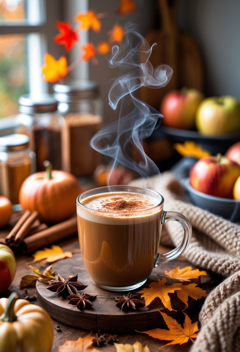 A steaming mug of autumn beverage on a wooden table surrounded by pumpkins, apples, cinnamon sticks, and colorful fall leaves in a cozy kitchen setting.