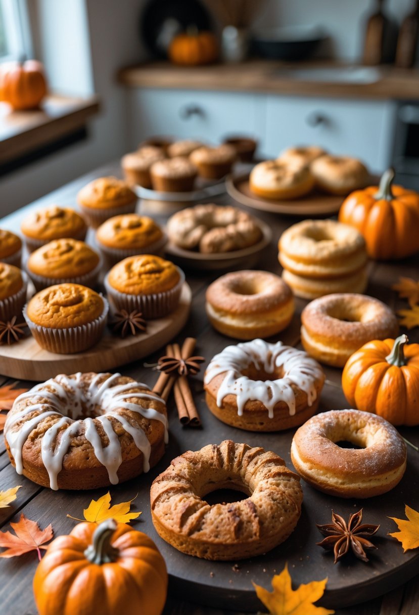 A wooden table with various autumn-flavored baked goods like pumpkin muffins, cinnamon scones, and apple bread, surrounded by small pumpkins, cinnamon sticks, and autumn leaves.