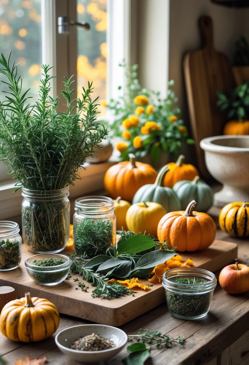 A kitchen countertop with fresh autumn herbs and seasonal produce arranged alongside jars and bowls of chopped herbs and spices.