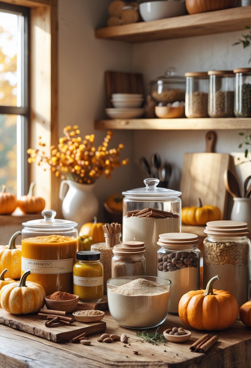 A kitchen countertop with jars of fall pantry staples, fresh pumpkins, apples, and spices arranged neatly under natural light.