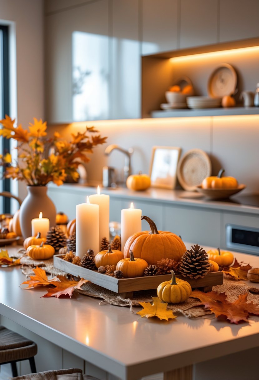 A kitchen island decorated with pumpkins, gourds, autumn leaves, candles, and rustic fall decor in warm colors.
