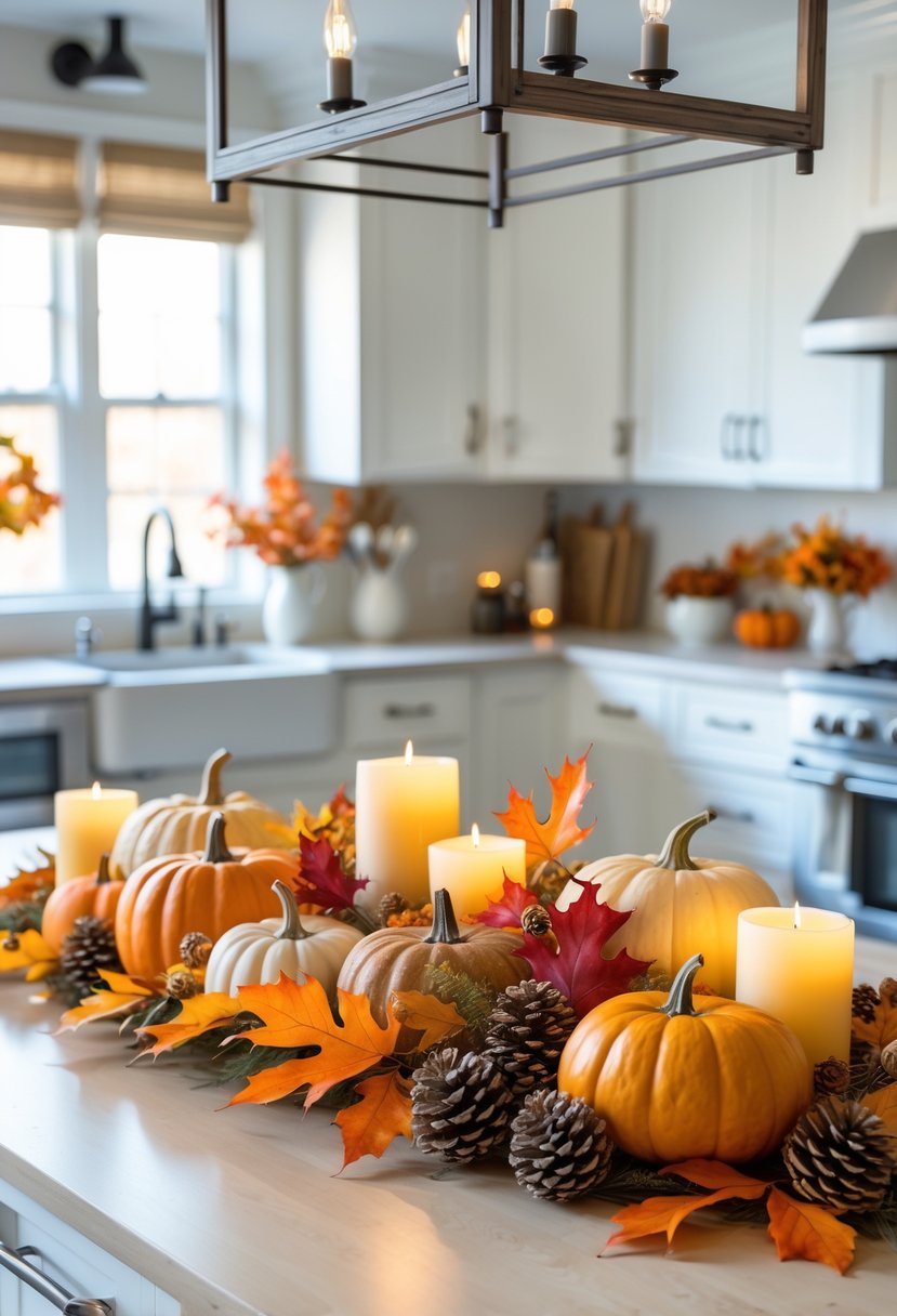 A kitchen island decorated with fall-themed seasonal centerpieces including pumpkins, autumn leaves, pinecones, and candles.