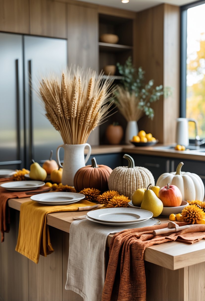 A kitchen island decorated with layered fabrics, pumpkins, dried wheat, and seasonal fruits for fall.